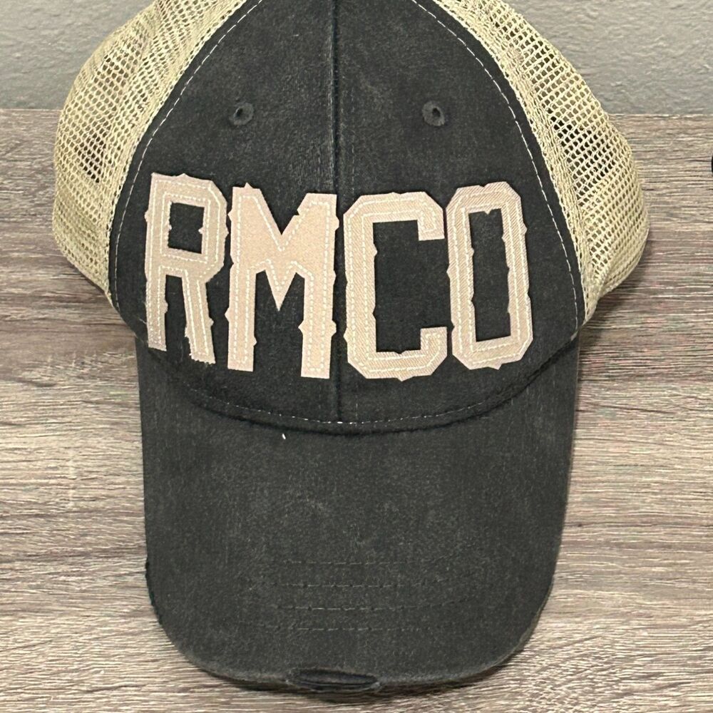 Adams Rmco Trucker Hat Mens Adjustable Snapback Black Tan Mesh Distressed Cap